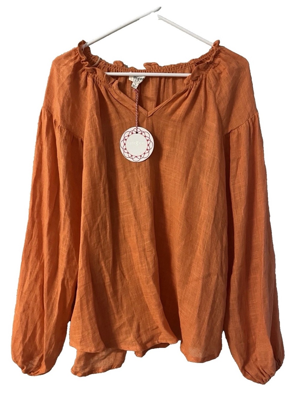 NWT Umgee Women's Orange Linen Blend Boho Peasant Tunic Top Size S Relaxed Fit